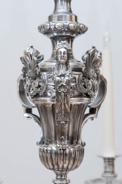 Alexandre Charles Jaume LOUIS XIV STYLE SILVER PLATED BRONZE SIX LIGHT CHANDELIER AFTER A DESIGN