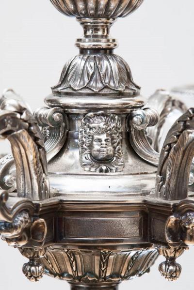 Alexandre Charles Jaume LOUIS XIV STYLE SILVER PLATED BRONZE SIX LIGHT CHANDELIER AFTER A DESIGN