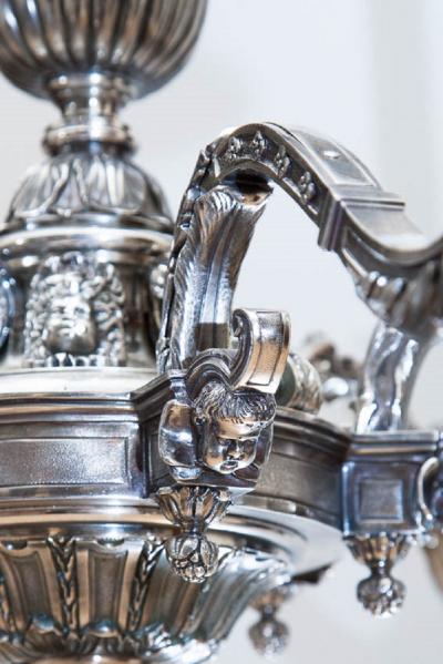 Alexandre Charles Jaume LOUIS XIV STYLE SILVER PLATED BRONZE SIX LIGHT CHANDELIER AFTER A DESIGN