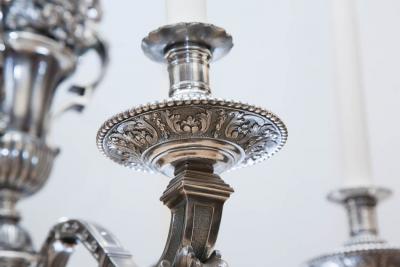Alexandre Charles Jaume LOUIS XIV STYLE SILVER PLATED BRONZE SIX LIGHT CHANDELIER AFTER A DESIGN