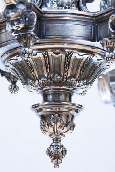 Alexandre Charles Jaume LOUIS XIV STYLE SILVER PLATED BRONZE SIX LIGHT CHANDELIER AFTER A DESIGN