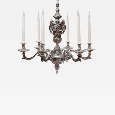 Alexandre Charles Jaume LOUIS XIV STYLE SILVER PLATED BRONZE SIX LIGHT CHANDELIER AFTER A DESIGN