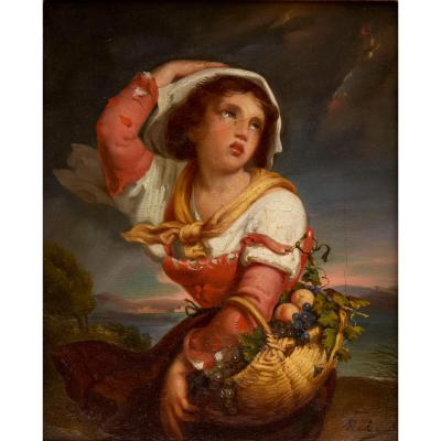 Alexandre Nestor Nicolas Robert Antique Belgian oil painting of a peasant girl in a storm by Robert