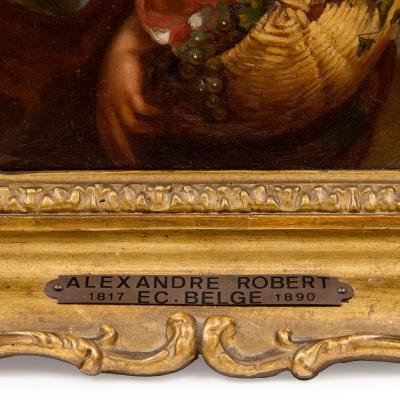 Alexandre Nestor Nicolas Robert Antique Belgian oil painting of a peasant girl in a storm by Robert