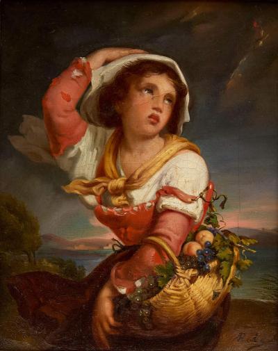Alexandre Nestor Nicolas Robert Antique Belgian oil painting of a peasant girl in a storm by Robert