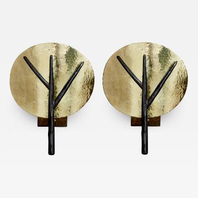 Alexandre Taveau Pair of Hammered Brass and Iron Tree Wall Sconces