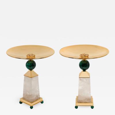 Alexandre Vossion PAIR OF OBELISK ROCK CRYSTAL CHALICE 24K Gold plated brass and malachite details