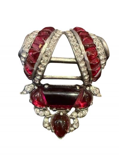 Alfred Boucher STUNNING ART DECO RUBY GLASS CABOCHON RHINESTONE FUR CLIP MATCHING BRACELET