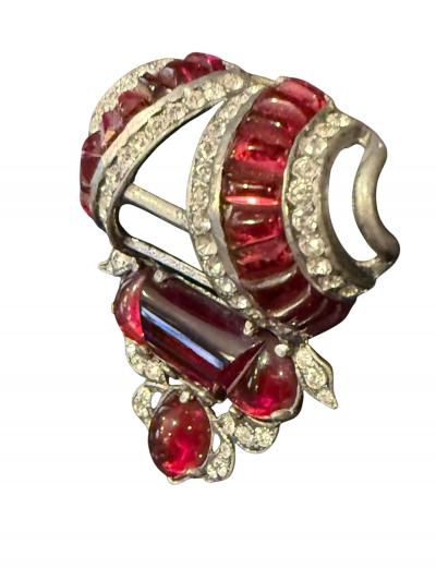 Alfred Boucher STUNNING ART DECO RUBY GLASS CABOCHON RHINESTONE FUR CLIP MATCHING BRACELET