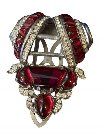 Alfred Boucher STUNNING ART DECO RUBY GLASS CABOCHON RHINESTONE FUR CLIP MATCHING BRACELET