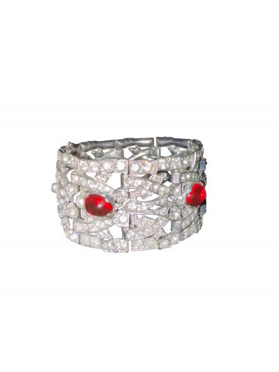 Alfred Boucher STUNNING ART DECO RUBY GLASS CABOCHON RHINESTONE FUR CLIP MATCHING BRACELET