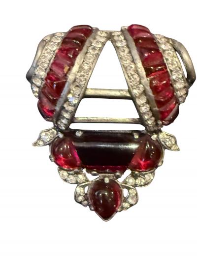Alfred Boucher STUNNING ART DECO RUBY GLASS CABOCHON RHINESTONE FUR CLIP MATCHING BRACELET