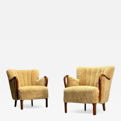 Alfred Christensen Alfred Christensen Danish Mid Century Modern Lounge Chairs Sheepskin Oak