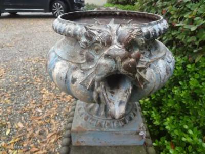 Alfred Corneau Pair of 19th Century French Cast Iron Garden Urns Attributed to Alfred Corneau