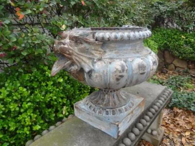 Alfred Corneau Pair of 19th Century French Cast Iron Garden Urns Attributed to Alfred Corneau