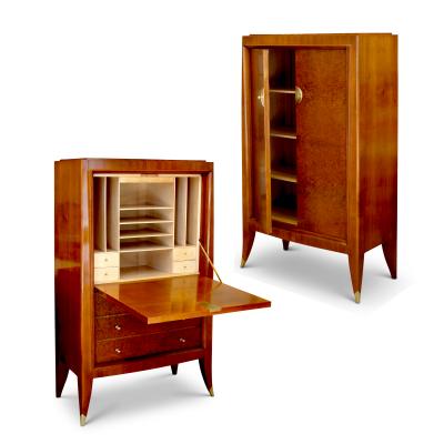 Alfred Porteneuve Secretaire and Cabinet Duo in Cherry and Burl by Alfred Porteneuve