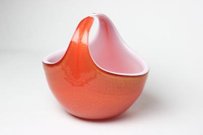 Alfredo Barbini Alfredo Barbini Orange with Gold Flack Basket type Art Glass Vase 1950 Italy