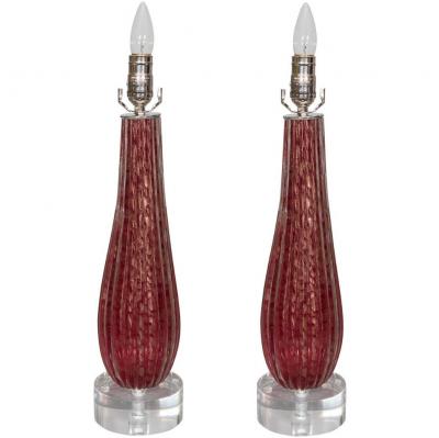 Alfredo Barbini Alfredo Barbini Style Red Murano Glass Lamp with Gold Leaf Inclusions 1950s