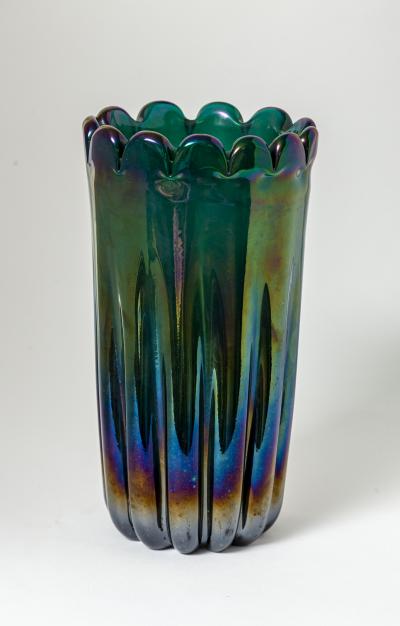 Alfredo Barbini Vintage Italian Blown Iridescent Green Scalloped Vase Attrb To Alfredo Barbini