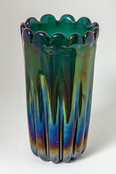 Alfredo Barbini Vintage Italian Blown Iridescent Green Scalloped Vase Attrb To Alfredo Barbini