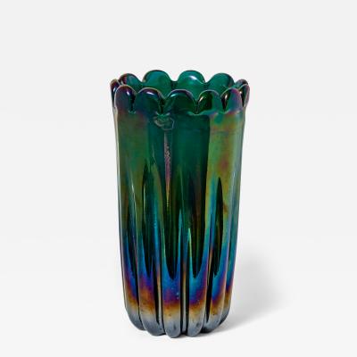 Alfredo Barbini Vintage Italian Blown Iridescent Green Scalloped Vase Attrb To Alfredo Barbini