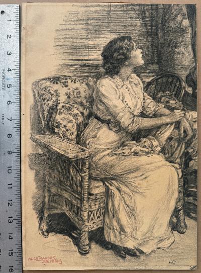 Alice Barber Mrs Charles H Stephens Stephens Attractive Young Woman Sitting in Chair and Looking Upwards in Domestic Setting