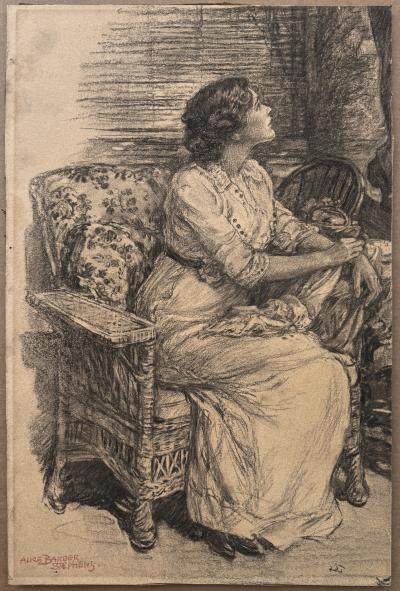 Alice Barber Mrs Charles H Stephens Stephens Attractive Young Woman Sitting in Chair and Looking Upwards in Domestic Setting