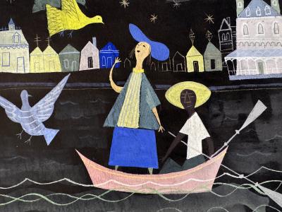 Alice and Martin Provensen Mid Century Fairy Tale Childrens Book Illustration Girl in a Boat Signed