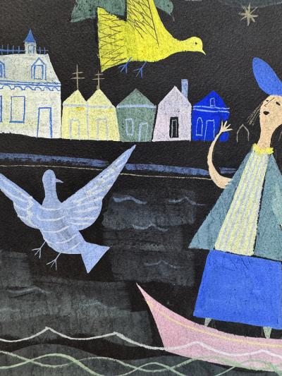 Alice and Martin Provensen Mid Century Fairy Tale Childrens Book Illustration Girl in a Boat Signed