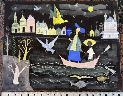 Alice and Martin Provensen Mid Century Fairy Tale Childrens Book Illustration Girl in a Boat Signed