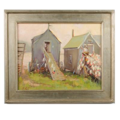 Alison Hill American Late 20th Century Fishing shacks painting 