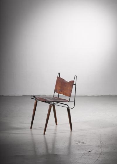 Allan Gould Allan Gould Minimalist Leather and Iron Chair USA 1950s