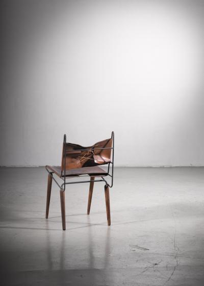 Allan Gould Allan Gould Minimalist Leather and Iron Chair USA 1950s