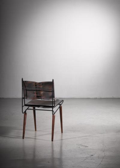 Allan Gould Allan Gould leather iron and wood chair USA 1950s