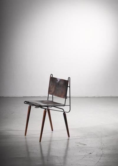 Allan Gould Allan Gould leather iron and wood chair USA 1950s