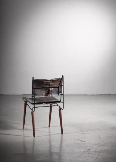Allan Gould Allan Gould leather iron and wood chair USA 1950s