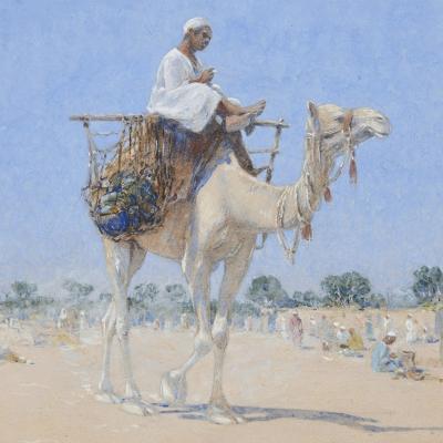 Alphons Leopold Mielich Orientalist watercolour painting of a man riding a camel by Alphons L Mielich