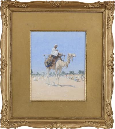 Alphons Leopold Mielich Orientalist watercolour painting of a man riding a camel by Alphons L Mielich