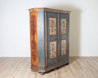 Alpine late 18th Century Blue Painted Wardrobe with Hand Painted