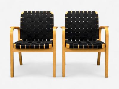 Alvar Aalto Alvar Aalto Birch Rattan Black Linen Webbing Armchairs Finland 1980s