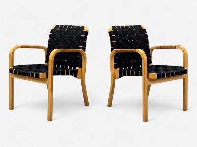 Alvar Aalto Alvar Aalto Birch Rattan Black Linen Webbing Armchairs Finland 1980s