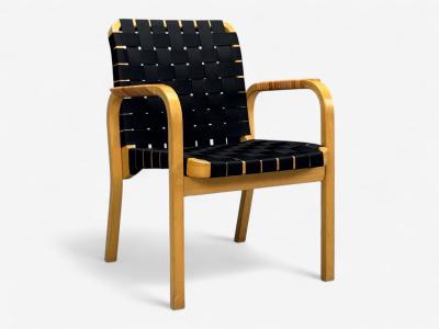 Alvar Aalto Alvar Aalto Birch Rattan Black Linen Webbing Armchairs Finland 1980s