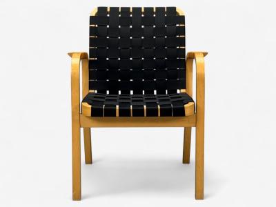Alvar Aalto Alvar Aalto Birch Rattan Black Linen Webbing Armchairs Finland 1980s