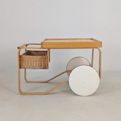 Alvar Aalto Alvar Aalto Tea Trolley 900 Birch Rattan White Tiles Artek Finland 1960s
