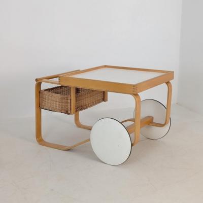 Alvar Aalto Alvar Aalto Tea Trolley 900 Birch Rattan White Tiles Artek Finland 1960s