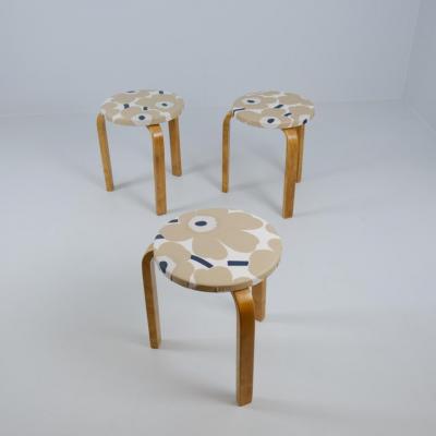 Alvar Aalto Set of 3 Alvar Aalto Stackable Stools Model 60 Marimekko Fabric Artek 1940s