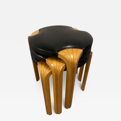 Alvar Aalto Set of Alvar Aalto Stool X600 in Birch and Original Black Leather Artek 1960s