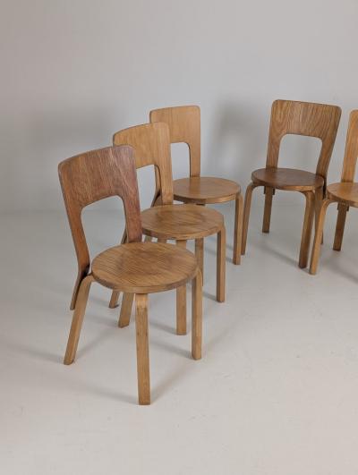 Alvar Aalto Set of Six Alvar Aalto Model 66 Chairs in Birch Artek 1950s
