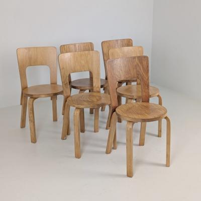 Alvar Aalto Set of Six Alvar Aalto Model 66 Chairs in Birch Artek 1950s