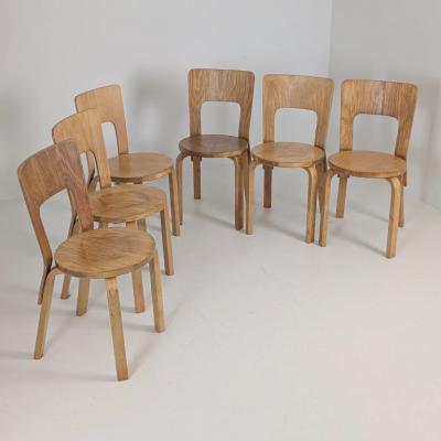 Alvar Aalto Set of Six Alvar Aalto Model 66 Chairs in Birch Artek 1950s
